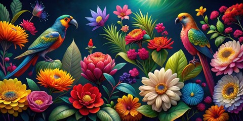 Fototapeta premium Vivid blooms and fluttering birds in a floral paradise on a dark background, floral, paradise, vivid, blooms, fluttering, birds