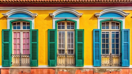 Fototapeta premium Old Portuguese style windows and shutters in a colorful colonial building, Portugal, architecture, vintage, traditional