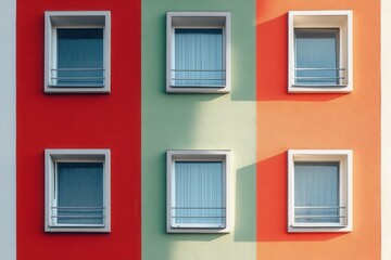 Six windows on a colorful building facade.