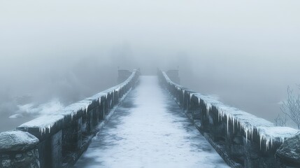 Snowy bridge disappearing into a thick morning fog, with frozen riverbanks on each side