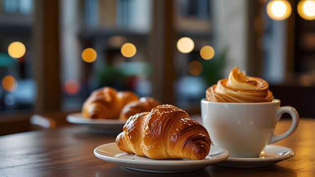 A cafe table with a coffee cup and a croissant, photographed in warm, soft lighting for a cozy feel anime style