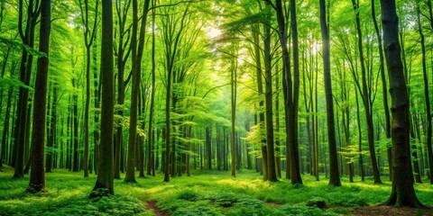 Obraz premium Lush forest with vibrant green foliage and tall trees, nature, environment, landscape, flora, fauna, wilderness, vibrant, greenery