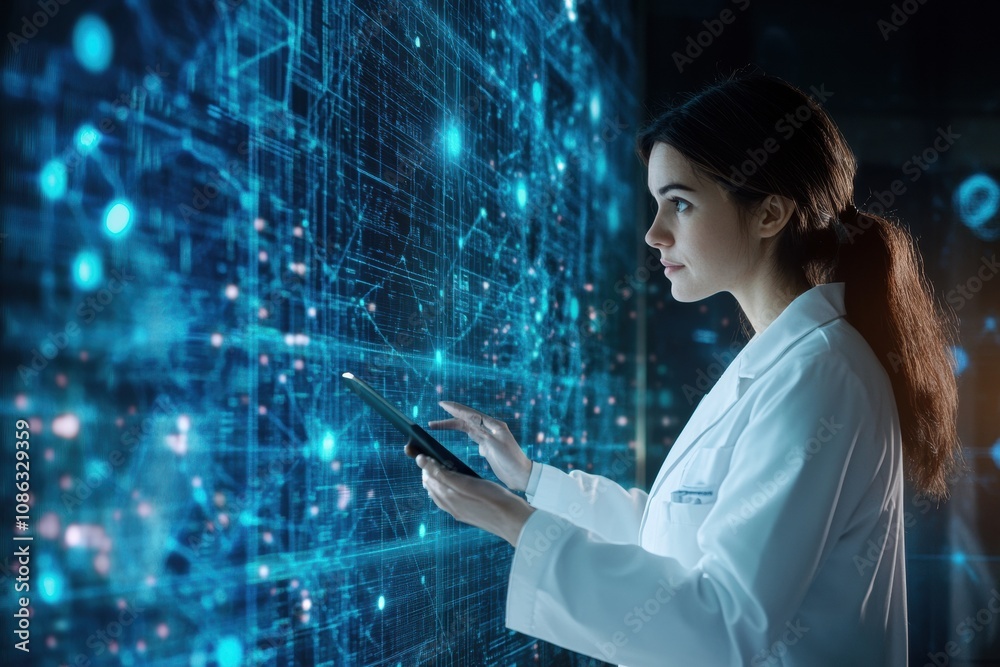 Poster a doctor in a white coat analyzes information displayed on digital screens, using a tablet in a stat