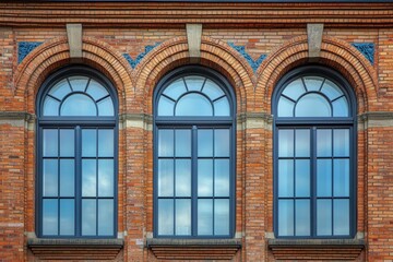 Fototapeta premium Three arched windows on a brick facade.