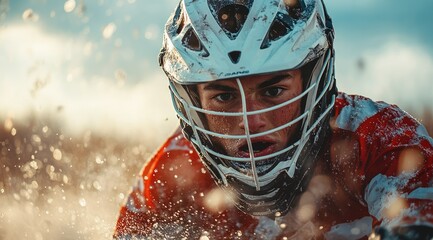 Close-up of a determined lacrosse player's face, helmet, and splashing water.