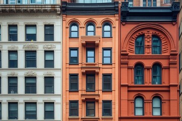 Fototapeta premium Three historic buildings in a row, each with different architecture and colors.