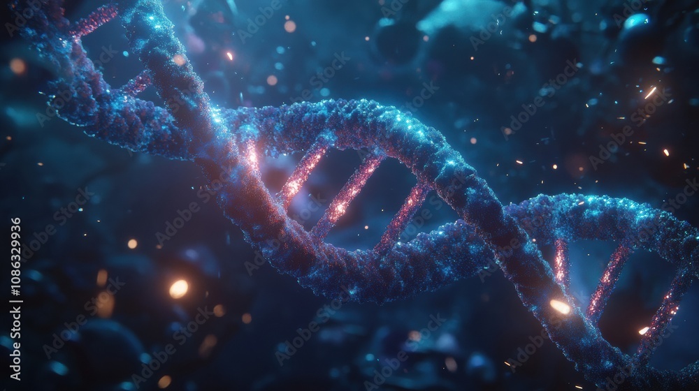 Fototapete a vibrant dna molecule is depicted with shining particles surrounding it, showcasing intricate detai