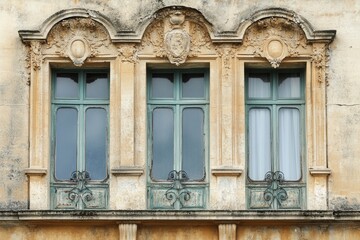 Fototapeta premium Three ornate windows on a weathered stone building.