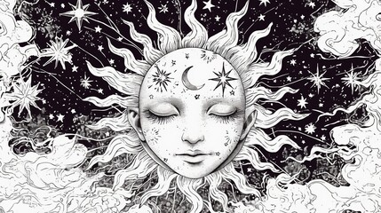 顔を持つ太陽と星々の周囲の彫刻スタイル 9