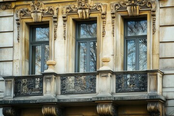 Three windows with ornate trim and balcony.