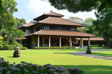 Traditional Japanese style house with a large garden and lush green trees in the background.