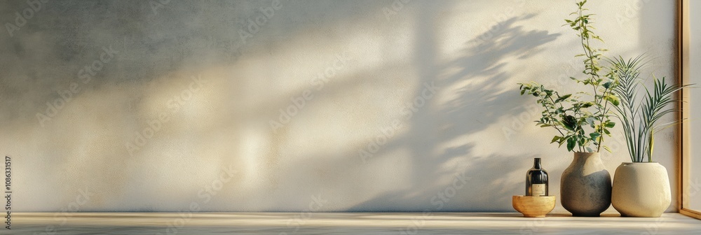 Poster soft sunlight illuminates a calm space featuring a vase with greenery, a decorative bowl, and a bott
