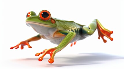Obraz premium A Vibrant 3D Cartoon Frog in Mid-Jump Against a Bright, White Background Captivating the Imagination