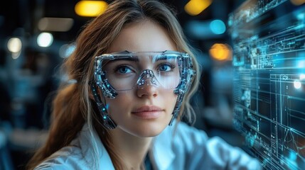 A Young Female Scientist in Futuristic Glasses with Digital Interface and High-Tech Laboratory Background for Innovation and Technology Themes