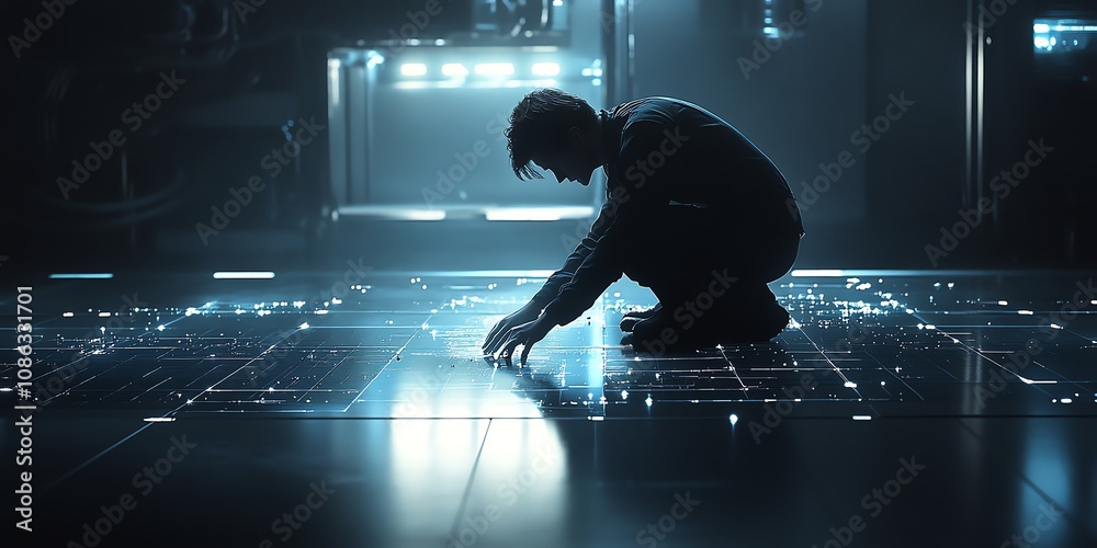 Aufkleber A man in a dark room is crouching down and reaching out towards a glowing digital floor. The room is dimly lit with lights in the background.