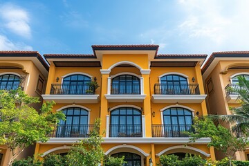 Fototapeta premium Yellow modern house exterior with balcony and arched windows against blue sky.