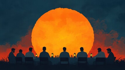 A serene gathering of silhouettes seated at a table under a large, glowing sunset, creating a warm and inviting atmosphere.