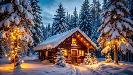 Fototapeta premium Snow-covered cabin surrounded by Christmas lights in tranquil woods, winter, serenity, cabin, Christmas lights, snow, tranquil