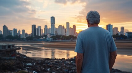 Fototapeta premium A contemplative older man gazes out over a serene urban landscape at sunset, reflecting on life while standing near the water against a backdrop of modern skyscrapers.