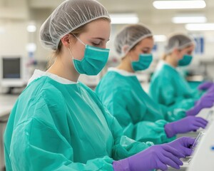 Three healthcare workers in green scrubs, masks and gloves focus on tasks in a laboratory setting, emphasizing safety and hygiene.