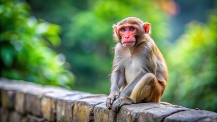 Fototapeta premium Focus shot of a cute rhesus monkey sitting on a stone wall, rhesus monkey, cute, adorable, wildlife, nature, primate, animal