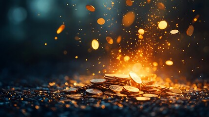 A pile of gold coins appearing to rise into the air with sparkling particles around them