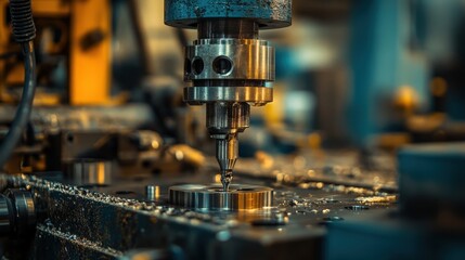 An industrial press in action, shaping metal with incredible force, showing the power and precision of factory machinery.