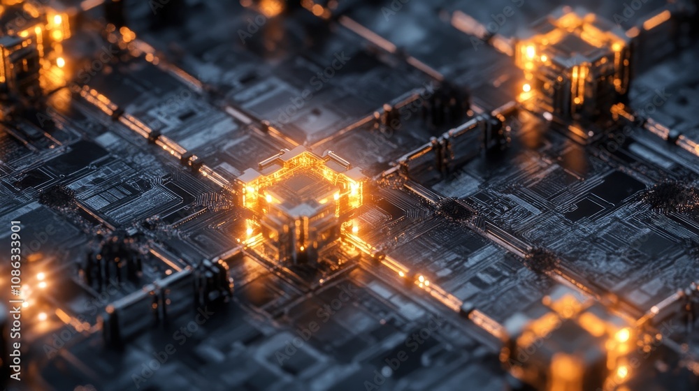 Aufkleber quantum chip arrays connected with superconducting circuits, showing the advanced tech used to harne