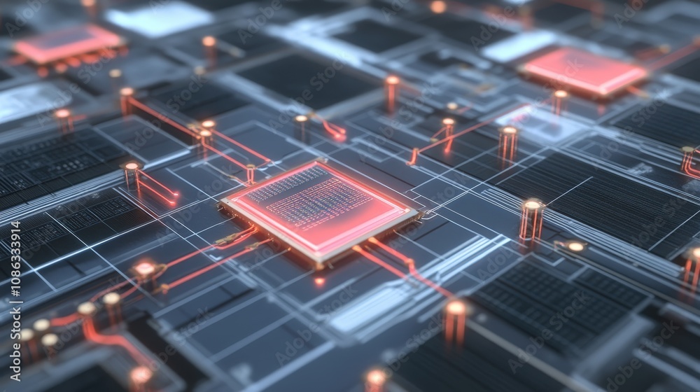 Aufkleber quantum chip arrays connected with superconducting circuits, showing the advanced tech used to harne
