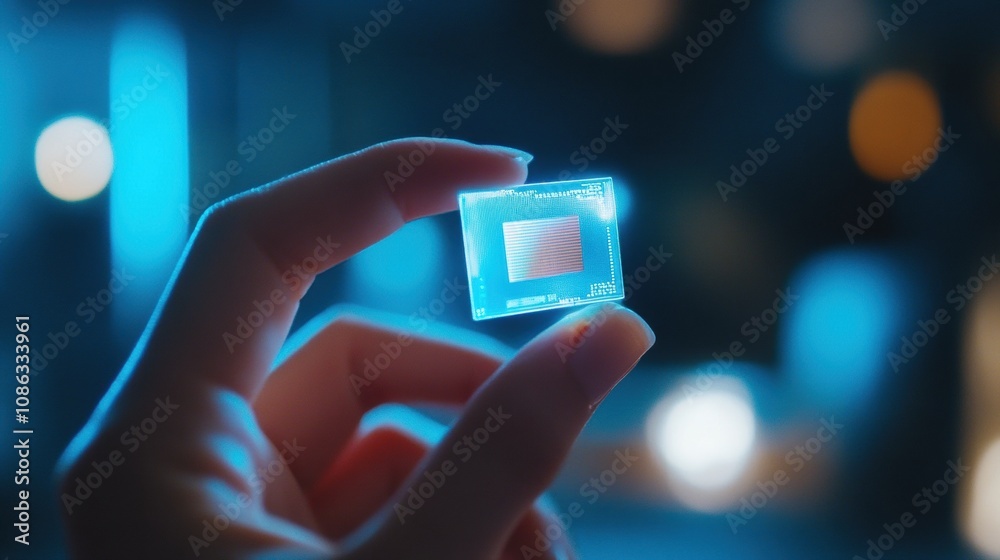 Fototapete a hand presents a micro biochip featuring a holographic screen that shows various health metrics in 