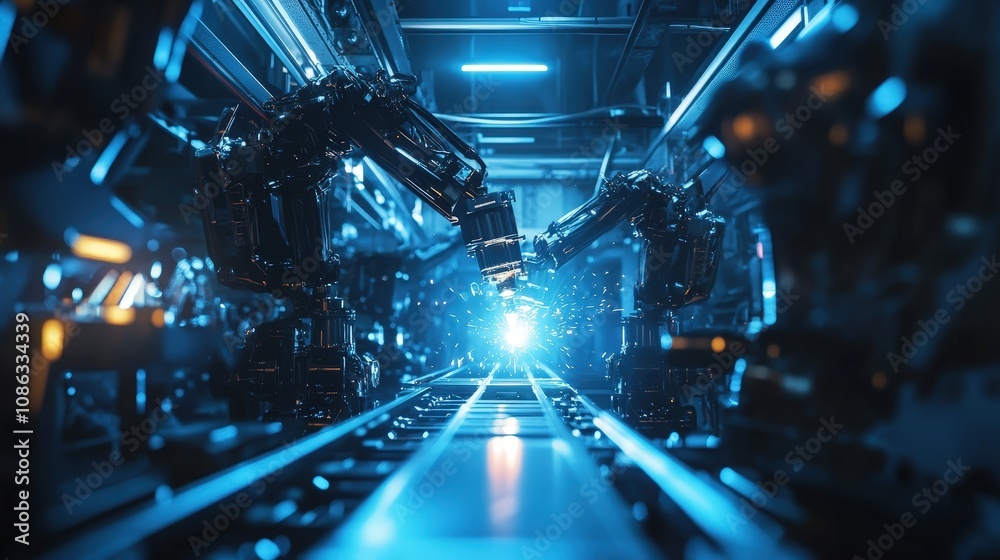Poster robotic welding machinery assembling automotive frames, showing the accuracy and consistency of auto