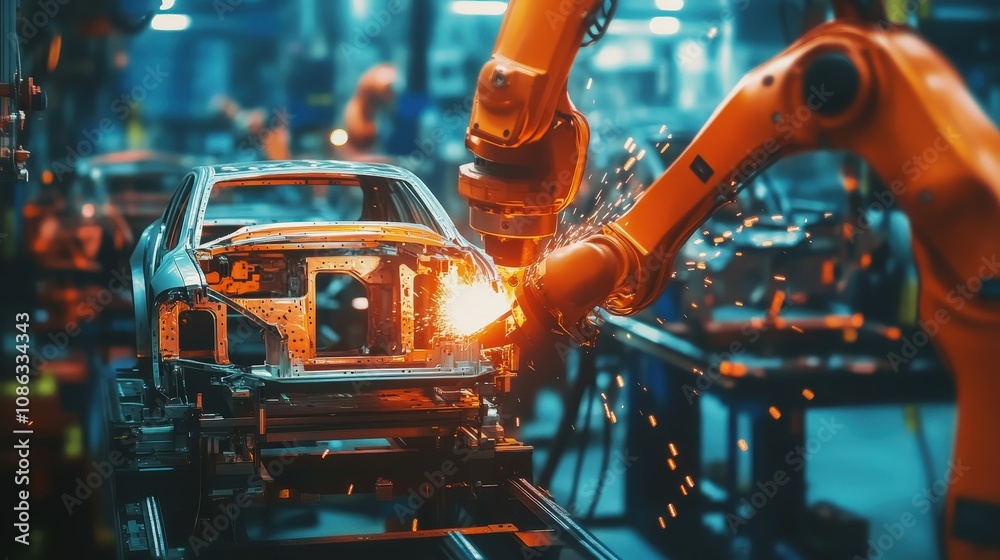 Poster robotic welding machinery assembling automotive frames, showing the accuracy and consistency of auto