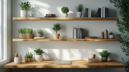 Modern minimalist office space, white walls, bright lighting, light brown and beige bookshelves, small plants, books, and elegant decorations. Clean and professional design