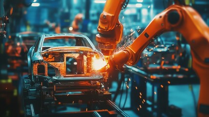 Fototapeta premium Robotic welding machinery assembling automotive frames, showing the accuracy and consistency of automated systems