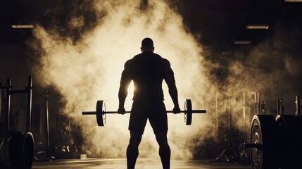 Obraz premium Silhouette of a Bodybuilder Lifting Weights in a Gym with Smoke in the Background