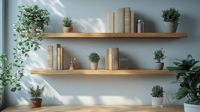 Modern minimalist office space, white walls, bright lighting, light brown and beige bookshelves, small plants, books, and elegant decorations. Clean and professional design