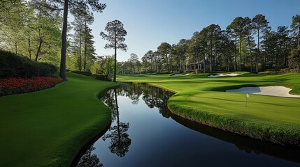 Obraz premium Imagine a course with challenging water hazards. Describe how golfers approach these risky shots and the strategy needed to avoid losing strokes.