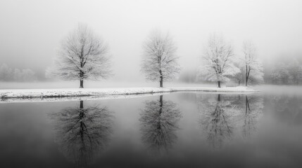 Fototapeta premium Wintery lake shrouded in thick morning fog, with faint reflections of snowy trees visible in the mist