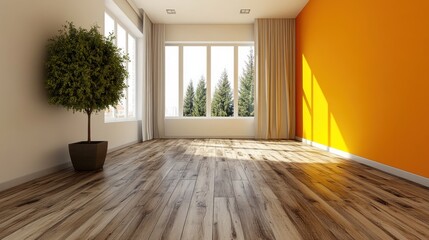 Obraz premium Bright, modern room with wooden floor and potted plant.