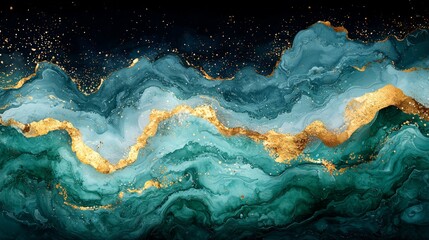 Abstract waves of teal and gold create a stunning visual effect.
