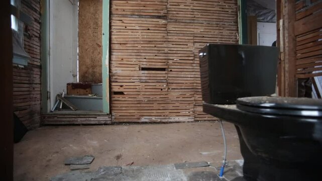 Black Toilet Stands in Gutted Building Interior During Demolition or Renovation Project