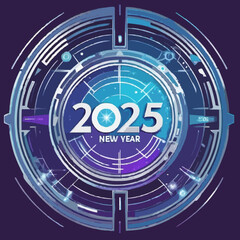 A futuristic vector graphic of the New Year 2025, with a focus on technology and innovation. Use cool colors like blue, purple, and silver