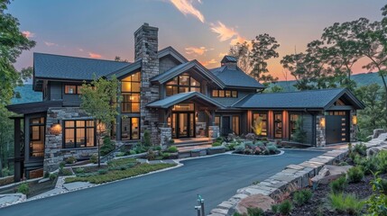 Obraz premium Mountain retreat home with panoramic views and natural stone accents