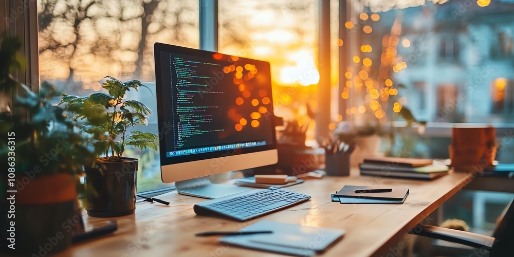 Poster a modern home office with a computer monitor, keyboard, and plants on a desk against a window with a