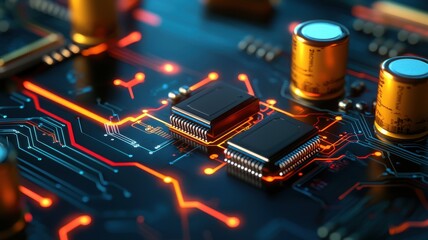 A close-up view of a circuit board featuring microchips, glowing traces and capacitors, showcasing intricate electronic design and technology.