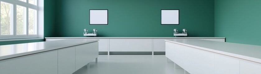 A clean, minimalist room featuring white benches and green walls, likely designed for a clinical or therapeutic environment.