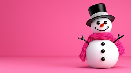 Cheerful Snowman in a Pink Setting with Stylish Top Hat and Scarf, Ideal for Holiday Themes, Winter Decor, Festive Greetings, and Seasonal Celebrations