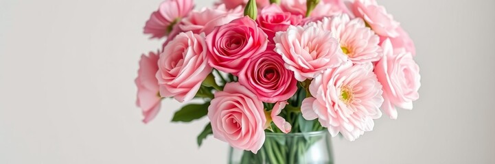 A bouquet of pink roses and carnations in a glass vase, carnation flowers, flower arrangement