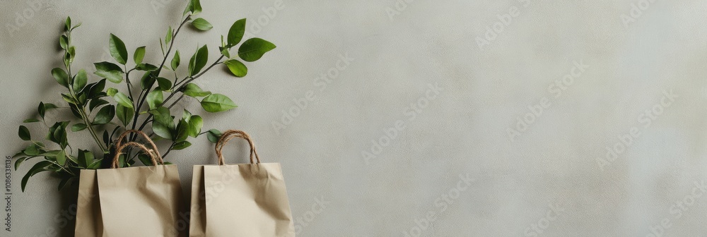 Fototapete two brown paper bags rest on a neutral wall as a green branch adds a touch of nature, creating a cal