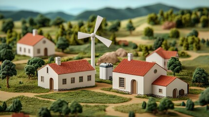 Miniature rural landscape with wind turbine, quaint houses, green fields, and rolling hills demonstrating sustainable energy and idyllic countryside living